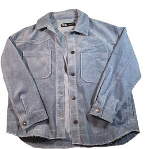 Zara Corduroy Shacket Oversized Shirt Jacket Blue Raw Hem Boyfriend Size S